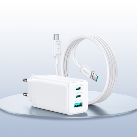 
USB-C USB-A GaN 65W sieninis įkroviklis su 100W USB-C laidu (1,2 m) – baltas
