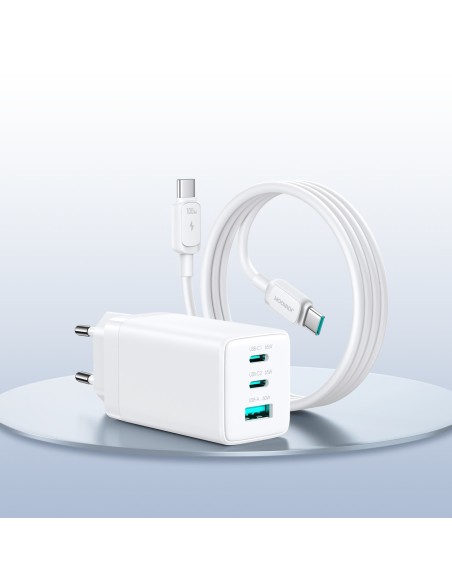 
USB-C USB-A GaN 65W sieninis įkroviklis su 100W USB-C laidu (1,2 m) – baltas
