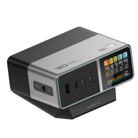 
5 viename įkrovimo stotelė su skaitmeniniu ekranu, USB-A, USB-C, 300 W, sidabrinė

