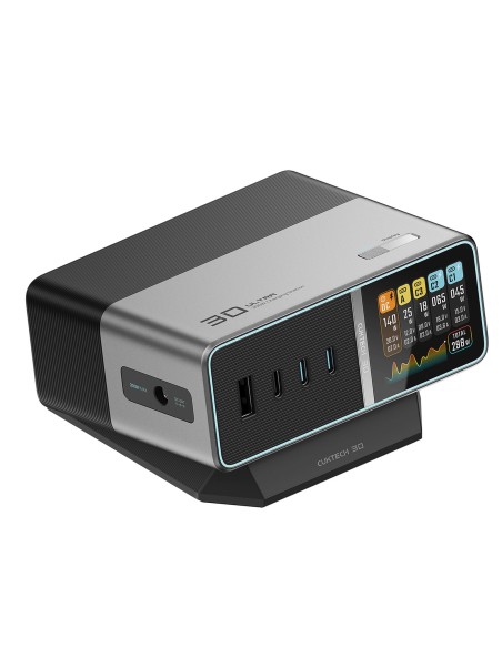 
5 viename įkrovimo stotelė su skaitmeniniu ekranu, USB-A, USB-C, 300 W, sidabrinė
