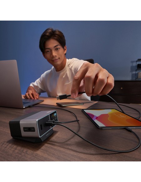 
5 viename įkrovimo stotelė su skaitmeniniu ekranu, USB-A, USB-C, 300 W, sidabrinė
