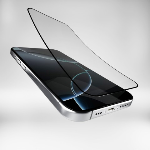 
Hibridinis stiklas su juodu rėmeliu, skirtas „iPhone 16 Pro Max Flexible Glass D3O“.
