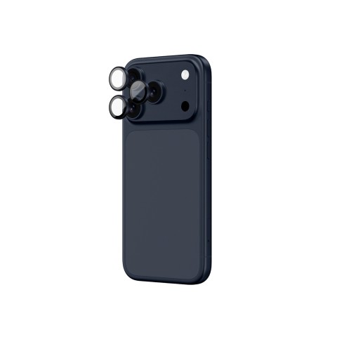 
iPhone 17 Pro / Pro Max kameros stiklas su mėlynu aliuminio rėmeliu ir objektyvo stiklu
