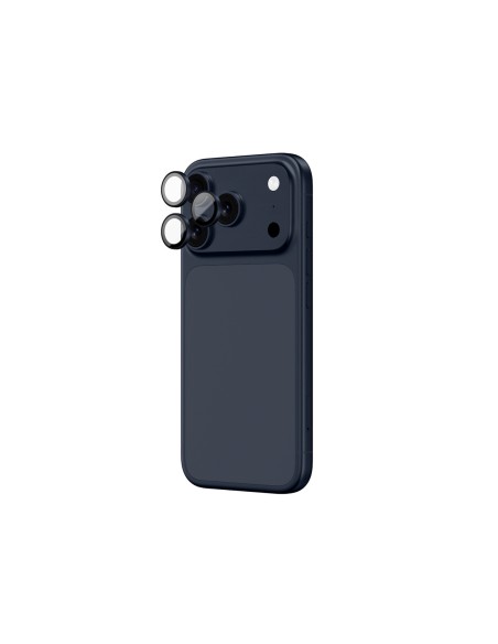 
iPhone 17 Pro / Pro Max kameros stiklas su mėlynu aliuminio rėmeliu ir objektyvo stiklu
