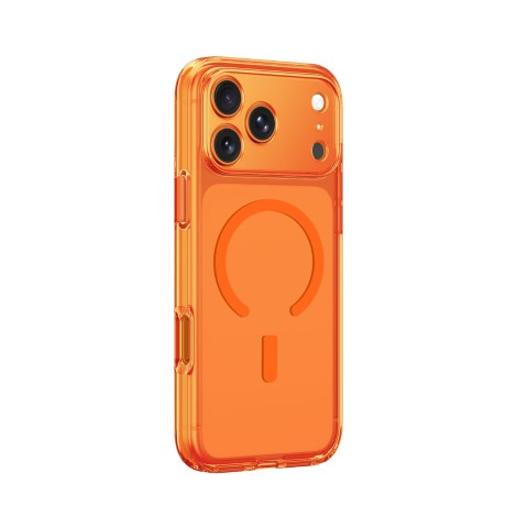 
„iPhone 17 Pro“ minimalaus stiklo dėklas su magnetiniu objektyvu – oranžinis
