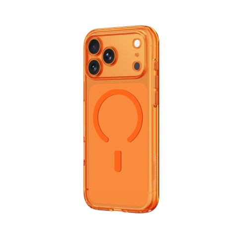 
„iPhone 17 Pro Max“ minimalaus stiklo dėklas su magnetiniu objektyvu – oranžinis
