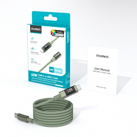 
USB-C laidas su ekranu PD 60W 1.2m - žalias
