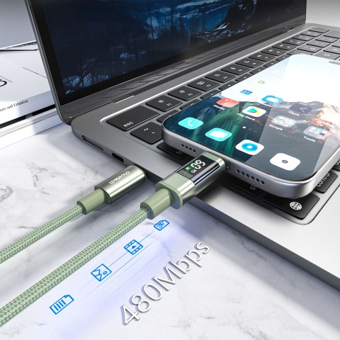 
USB-C laidas su ekranu PD 60W 1.2m - žalias
