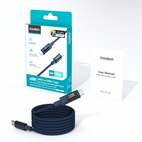 
USB-C laidas su ekranu PD 60W 1.2m - mėlynas
