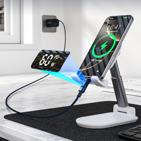
USB-C laidas su ekranu PD 60W 1.2m - mėlynas
