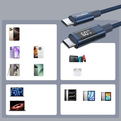 
USB-C laidas su ekranu PD 60W 1.2m - mėlynas
