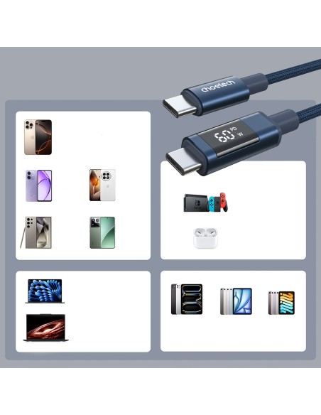 
USB-C laidas su ekranu PD 60W 1.2m - mėlynas
