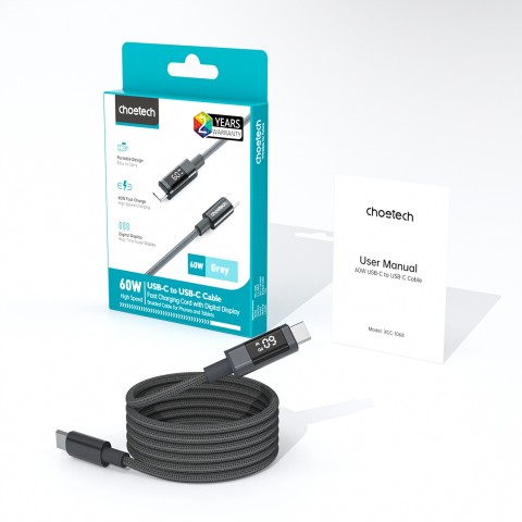
USB-C laidas su ekranu PD 60W 1.2m - juodas
