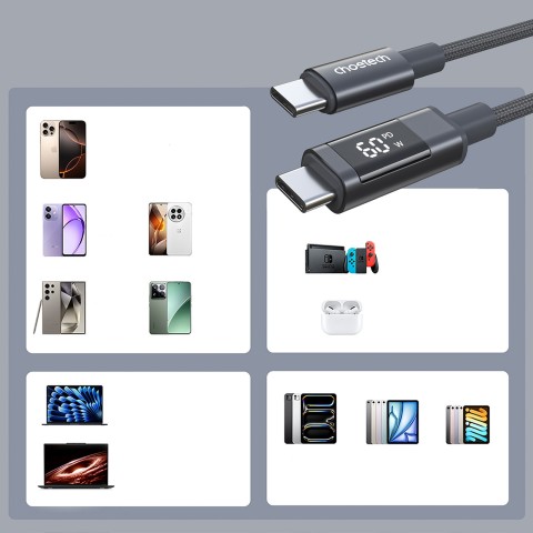 
USB-C laidas su ekranu PD 60W 1.2m - juodas
