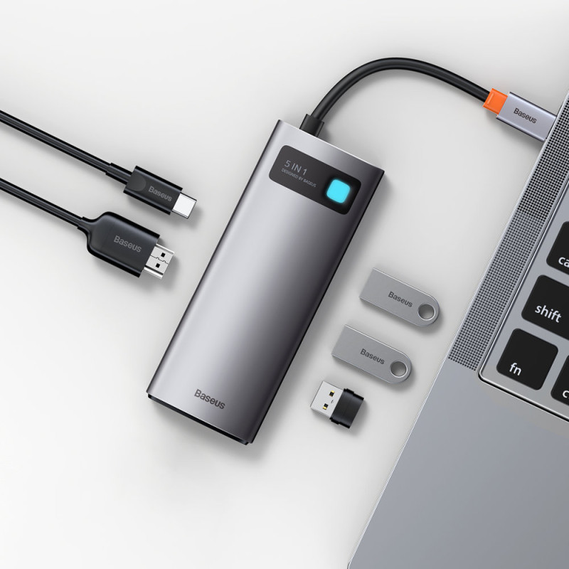 Daugiafunkcis USB HUB 5in1 USB-C PD 100W HDMI pilka
