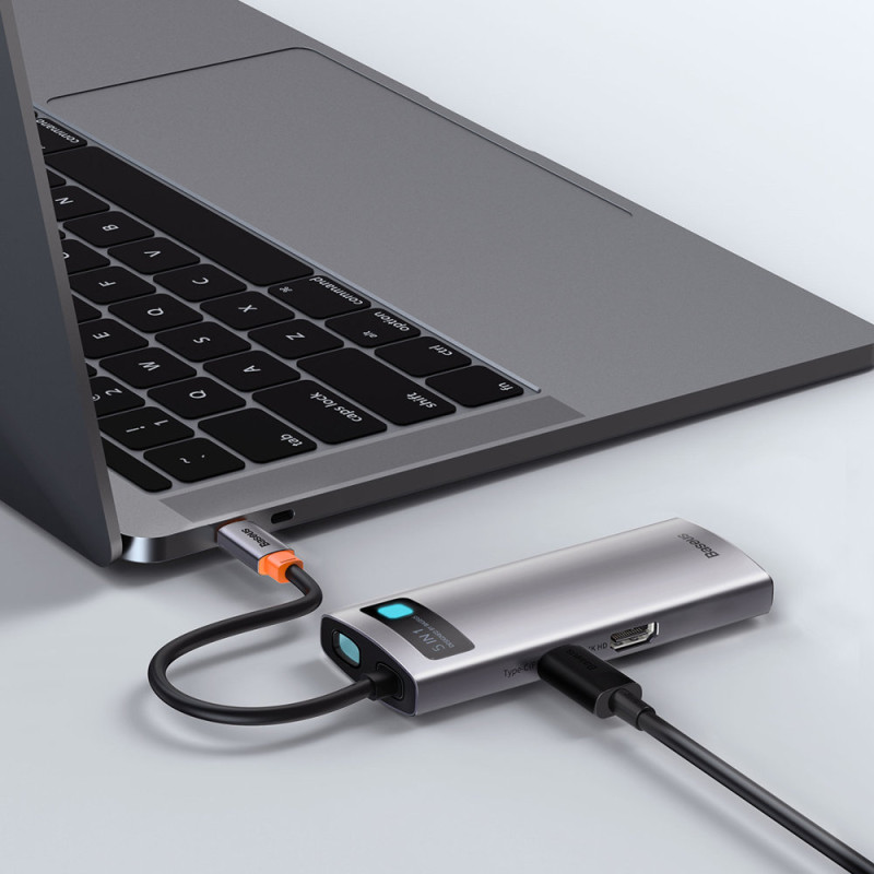 Daugiafunkcis USB HUB 5in1 USB-C PD 100W HDMI pilka