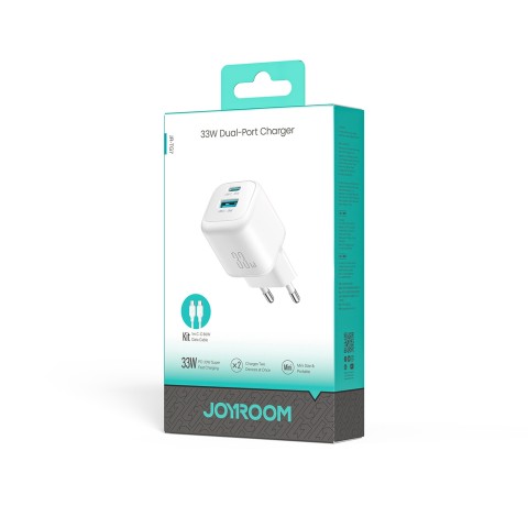 
33 W USB-A USB-C sieninis įkroviklis su 60 W USB-C–USB-C 1 m laidu – baltas
