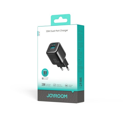 
33 W USB-A USB-C sieninis įkroviklis su 60 W USB-C–USB-C 1 m laidu – juodas
