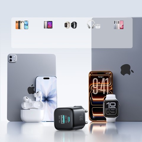 
33 W USB-A USB-C sieninis įkroviklis su 60 W USB-C–USB-C 1 m laidu – juodas
