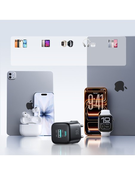
33 W USB-A USB-C sieninis įkroviklis su 60 W USB-C–USB-C 1 m laidu – juodas
