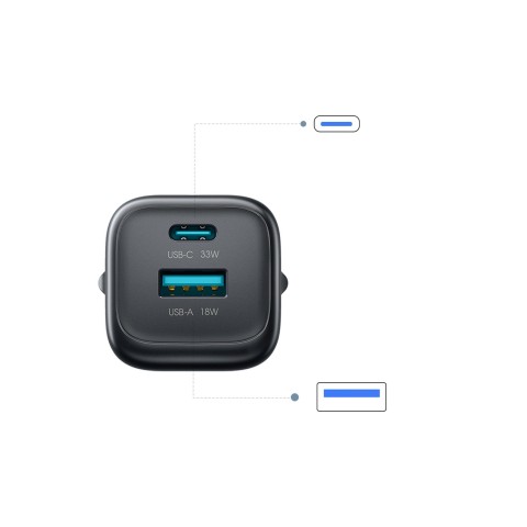 
33 W USB-A USB-C sieninis įkroviklis su 60 W USB-C–USB-C 1 m laidu – juodas
