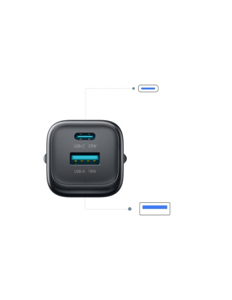 
33 W USB-A USB-C sieninis įkroviklis su 60 W USB-C–USB-C 1 m laidu – juodas
