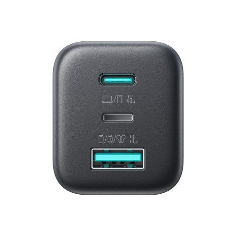 
USB-C iPhone Lightning USB-A GaN 45W sieninis įkroviklis – juodas
