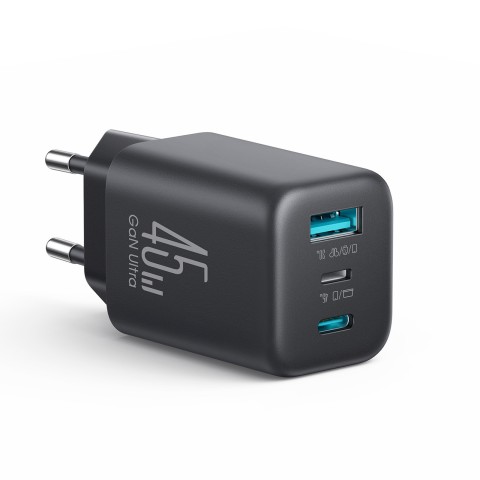
USB-C iPhone Lightning USB-A GaN 45W sieninis įkroviklis – juodas
