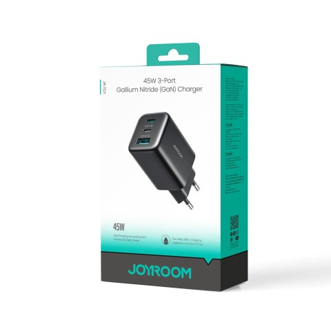 
USB-C iPhone Lightning USB-A GaN 45W sieninis įkroviklis – juodas
