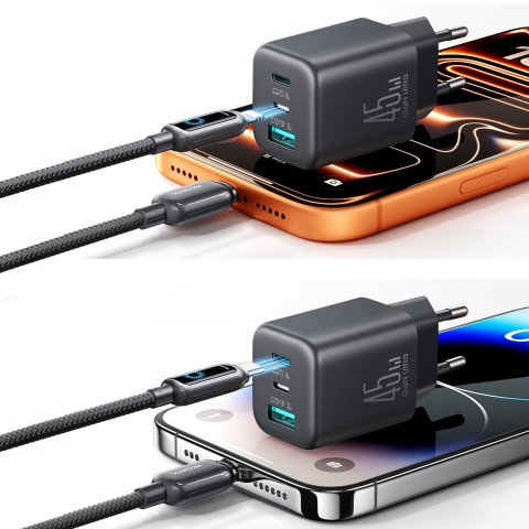
USB-C iPhone Lightning USB-A GaN 45W sieninis įkroviklis – juodas
