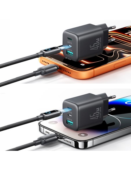 
USB-C iPhone Lightning USB-A GaN 45W sieninis įkroviklis – juodas
