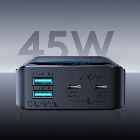 
20000 mAh USB-A USB-C su skaitmeniniu ekranu 45W – juoda
