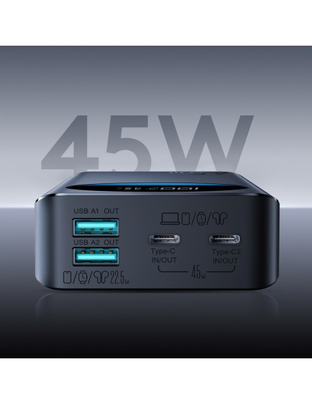 
20000 mAh USB-A USB-C su skaitmeniniu ekranu 45W – juoda
