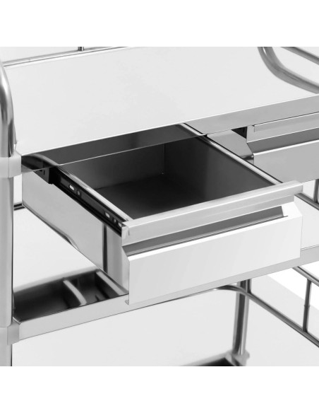 Kosmetinio gydymo laboratorinis vežimėlis iš plieno 3 lentynos 2 stalčiai 71 x 63 x 86 cm 15 kg Kosmetinio gydymo laboratorinis vežimėlis iš plieno 3 lentynos 2 stalčiai 71 x 63 x 86 cm 15 kg