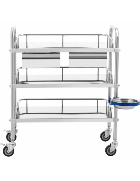 Kosmetinio gydymo laboratorinis vežimėlis iš plieno 3 lentynos 2 stalčiai 71 x 63 x 86 cm 15 kg Kosmetinio gydymo laboratorinis vežimėlis iš plieno 3 lentynos 2 stalčiai 71 x 63 x 86 cm 15 kg