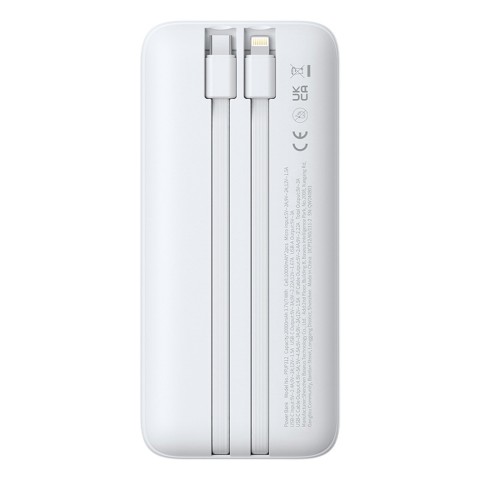 
20000mAh 22,5 W USB-A USB-C nešiojamas įkroviklis su integruotu USB-C iPhone Lightning laidu – baltas
