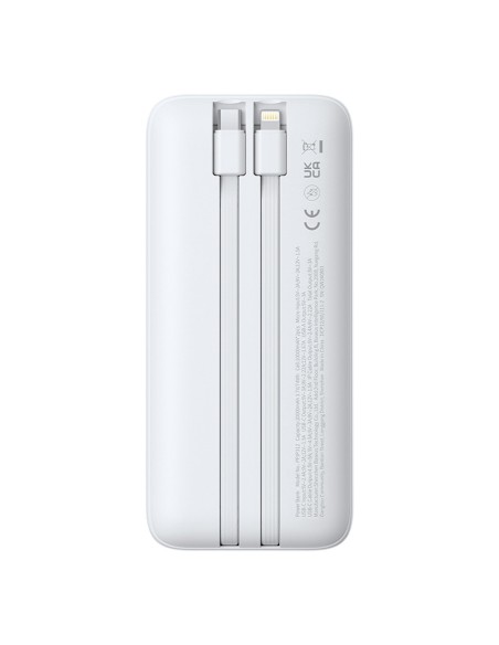 
20000mAh 22,5 W USB-A USB-C nešiojamas įkroviklis su integruotu USB-C iPhone Lightning laidu – baltas
