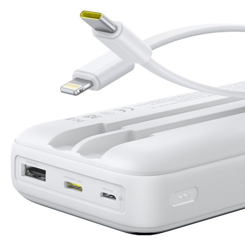 
20000mAh 22,5 W USB-A USB-C nešiojamas įkroviklis su integruotu USB-C iPhone Lightning laidu – baltas
