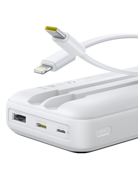 
20000mAh 22,5 W USB-A USB-C nešiojamas įkroviklis su integruotu USB-C iPhone Lightning laidu – baltas

