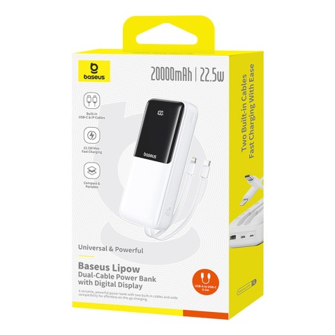 
20000mAh 22,5 W USB-A USB-C nešiojamas įkroviklis su integruotu USB-C iPhone Lightning laidu – baltas
