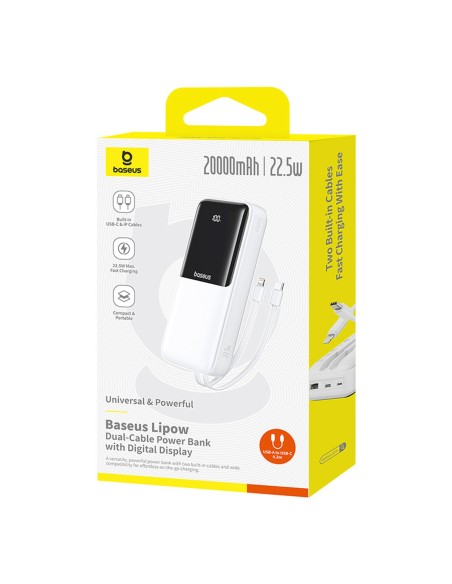 
20000mAh 22,5 W USB-A USB-C nešiojamas įkroviklis su integruotu USB-C iPhone Lightning laidu – baltas
