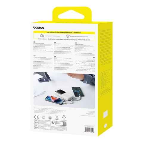 
20000mAh 22,5 W USB-A USB-C nešiojamas įkroviklis su integruotu USB-C iPhone Lightning laidu – baltas
