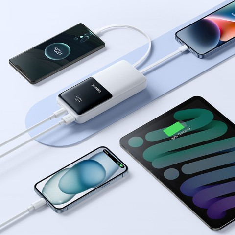
20000mAh 22,5 W USB-A USB-C nešiojamas įkroviklis su integruotu USB-C iPhone Lightning laidu – baltas
