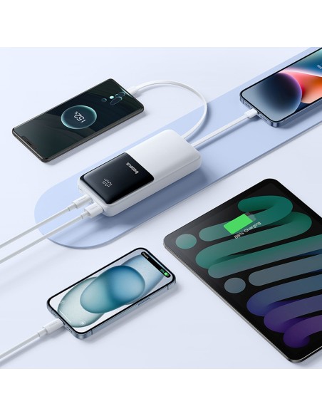 
20000mAh 22,5 W USB-A USB-C nešiojamas įkroviklis su integruotu USB-C iPhone Lightning laidu – baltas
