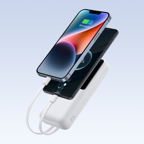 
20000mAh 22,5 W USB-A USB-C nešiojamas įkroviklis su integruotu USB-C iPhone Lightning laidu – baltas
