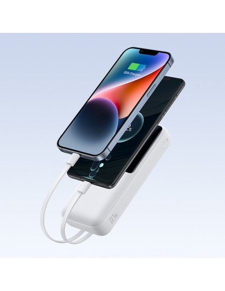 
20000mAh 22,5 W USB-A USB-C nešiojamas įkroviklis su integruotu USB-C iPhone Lightning laidu – baltas
