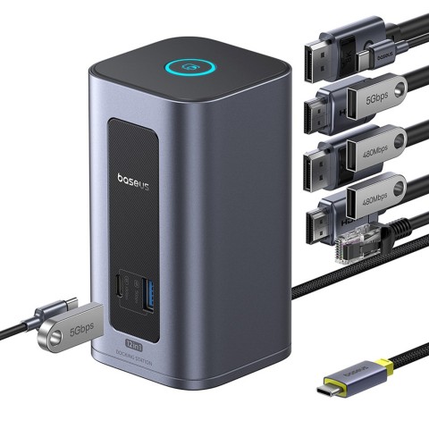 
„HUB 12-in-1“ prijungimo stotelė USB-C į USB-C USB-A HDMI DisplayPort Rj45 - pilka
