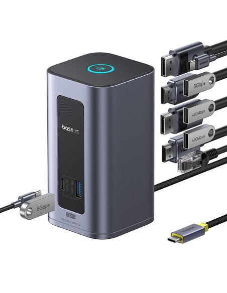 
„HUB 12-in-1“ prijungimo stotelė USB-C į USB-C USB-A HDMI DisplayPort Rj45 - pilka
