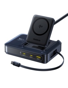 
5 viename belaidė įkrovimo stotelė USB-A / USB-C su ištraukiamu Qi2 laidu, 160 W, juoda
