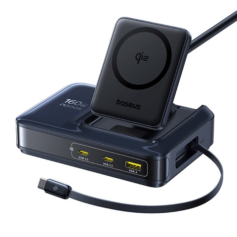 
5 viename belaidė įkrovimo stotelė USB-A / USB-C su ištraukiamu Qi2 laidu, 160 W, juoda
